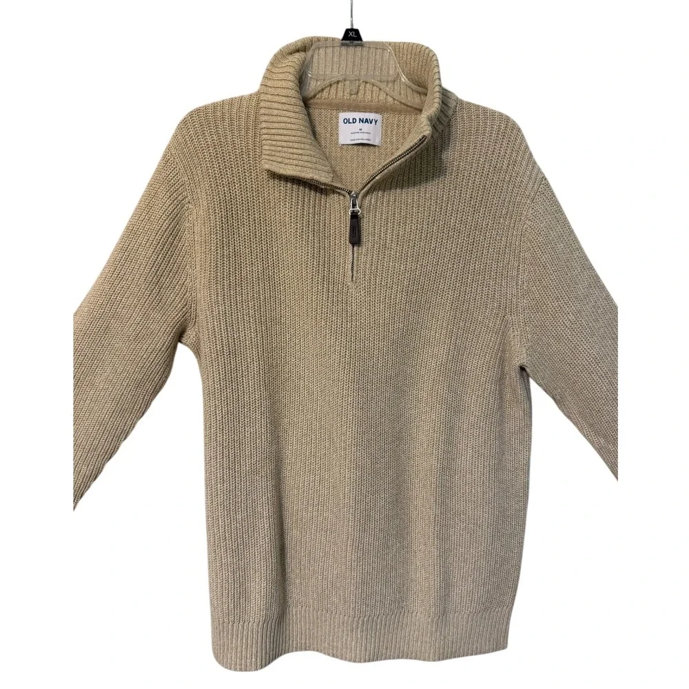 Old Navy Quarter Zip Sweater Mens Medium Tan Ribbed Cotton Pullover Grandpa Core